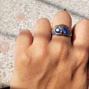 Oxidized Turquoise eyes Owl Men's Ring - Image 2