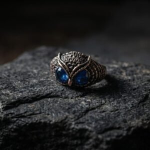 Oxidized Turquoise eyes Owl Men's Ring - Image 6