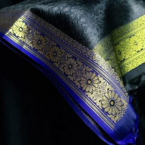 Black with Golden Border Banarasi Handmade Silk Scarf - Image 3