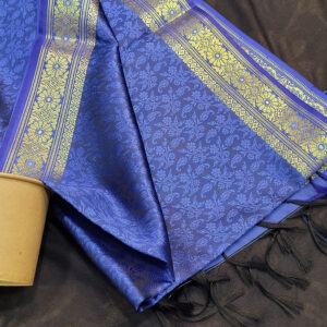 Navy Blue with Golden border Banarasi Handmade Silk Scarf - Image 1