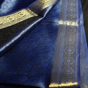 Navy Blue with Golden border Banarasi Handmade Silk Scarf - Image 3