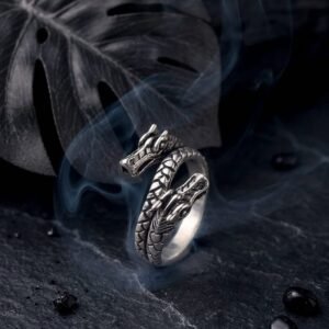 Oxidized Double Head Dragon Men's Ring - Image 1