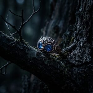 Oxidized Turquoise eyes Owl Men's Ring - Image 3