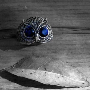 Oxidized Turquoise eyes Owl Men's Ring - Image 1