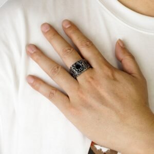 Oxidized Carved Flowers Spades Men's Ring - Image 6