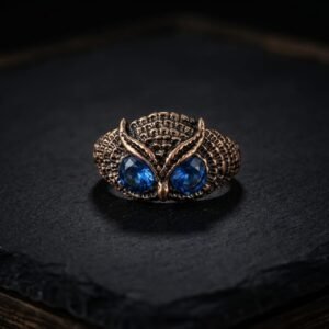 Oxidized Turquoise eyes Owl Men's Ring - Image 1