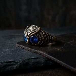 Oxidized Turquoise eyes Owl Men's Ring - Image 5