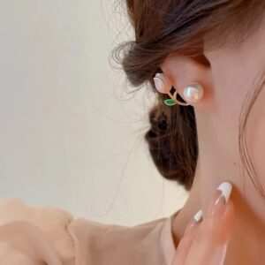 Pink Tulip Flower Pearl Women's Earrings - Image 2