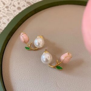 Pink Tulip Flower Pearl Women's Earrings - Image 1