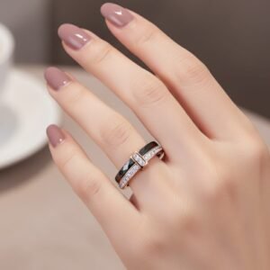 Black 2 row Ceramic Crystal Rhinestone Women's Ring - Image 1