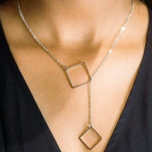 Oxidized Interlock Rectangle Bar Lariat Drop Necklace - Image 5