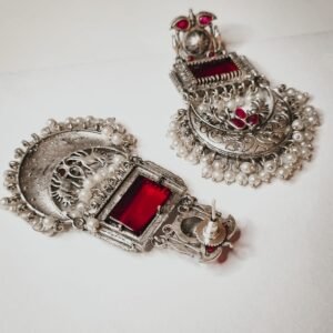 Oxidized Pearl Monalisa Red Stone Dangle Women's Earrings - Image 5