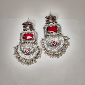 Oxidized Pearl Monalisa Red Stone Dangle Women's Earrings - Image 3