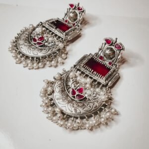 Oxidized Pearl Monalisa Red Stone Dangle Women's Earrings - Image 2