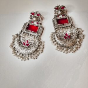 Oxidized Pearl Monalisa Red Stone Dangle Women's Earrings - Image 4