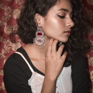 Oxidized Pearl Monalisa Red Stone Dangle Women's Earrings - Image 1