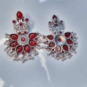 Oxidized Pearl Red Monalisa Dangle Women's Earrings - Image 5