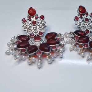 Oxidized Pearl Red Monalisa Dangle Women's Earrings - Image 4