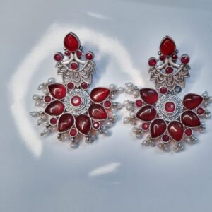 Oxidized Pearl Red Monalisa Dangle Women's Earrings - Image 3