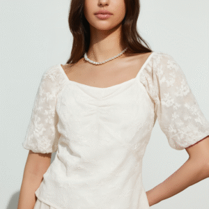 Ivory Bloom Lace Puff-Sleeve Blouse Top - Image 3
