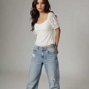 Ivory Bloom Lace Puff-Sleeve Blouse Top - Image 4