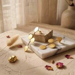 Handmade Brass Minimalist Triple Disc Gold Women's Earring - Image 4