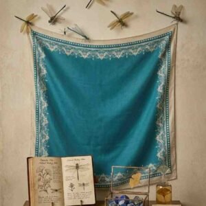 Elegant Turquoise Satin with Ornate Ivory Border Handcrafted  Scarf - Image 2