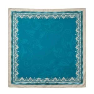 Elegant Turquoise Satin with Ornate Ivory Border Handcrafted  Scarf - Image 4