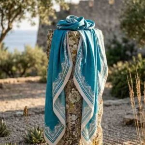 Elegant Turquoise Satin with Ornate Ivory Border Handcrafted  Scarf - Image 3