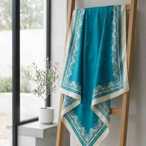 Elegant Turquoise Satin with Ornate Ivory Border Handcrafted  Scarf - Image 5
