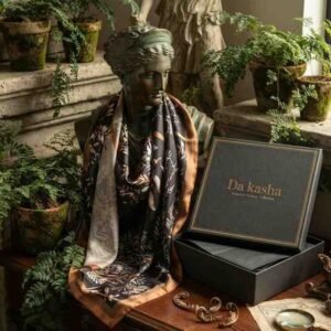 Botanical Golden Noir Satin Handcrafted  Scarf - Image 1