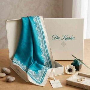 Elegant Turquoise Satin with Ornate Ivory Border Handcrafted  Scarf - Image 1