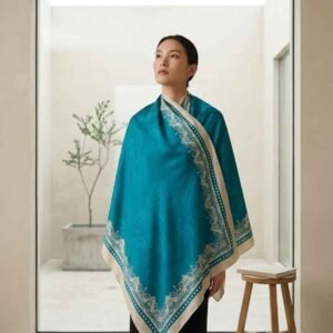 Elegant Turquoise Satin with Ornate Ivory Border Handcrafted  Scarf - Image 6
